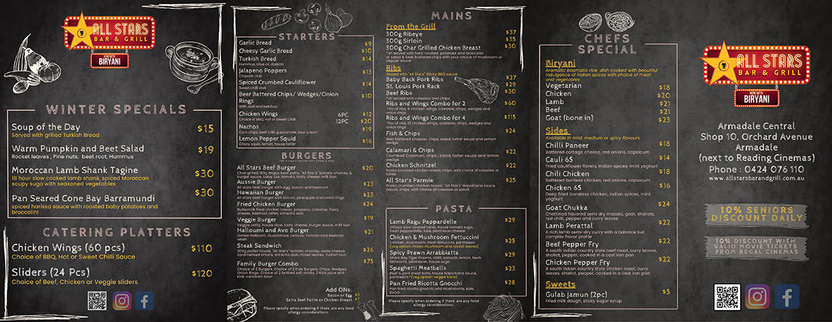 All Stars Bar and Grill Latest Menu Armadale Central